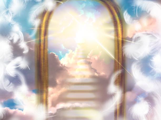 istock Mysterious illustration of a cloud staircase leading beyond a mysterious gate, divine light shining from the sky, and white angel wings dancing 1410806968