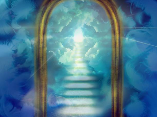 istock Mysterious illustration of a cloud staircase leading beyond a mysterious gate, divine light shining from the sky, and white angel wings dancing 1410807003