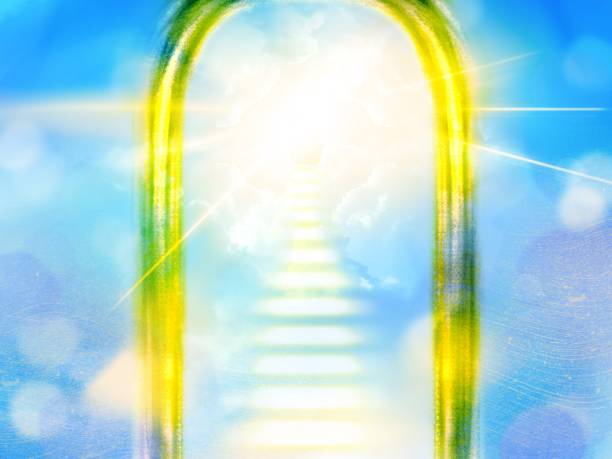 istock Illustration of divine light shining from the sky beyond the mysterious gate leading to heaven, shining through a gap in the sea of clouds. 1410807008
