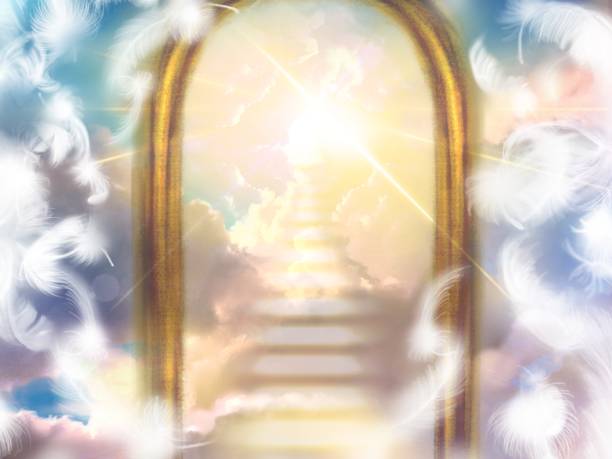 istock Mysterious illustration of a cloud staircase leading beyond a mysterious gate, divine light shining from the sky, and white angel wings dancing 1410807028