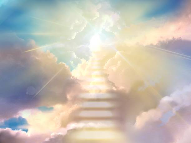 ilustraciones, imágenes clip art, dibujos animados e iconos de stock de ilustración de una misteriosa escalera de nubes que conduce a los cielos y la luz divina que brilla desde los cielos - gods rays