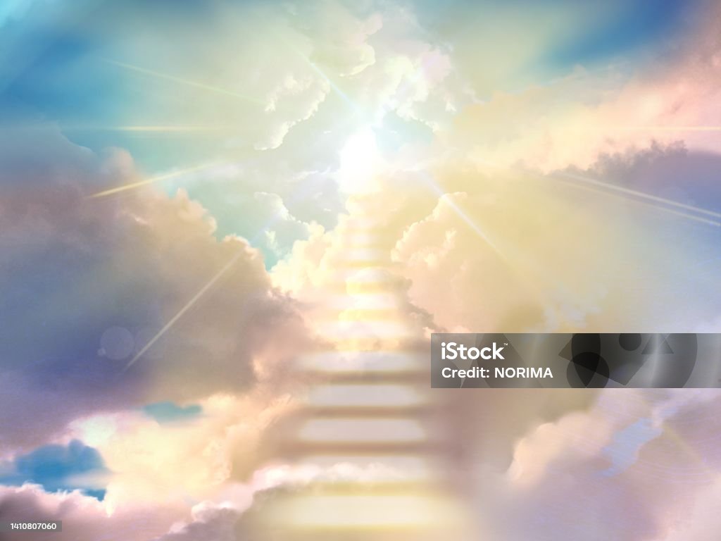 Illustration of a mysterious cloud staircase leading to the heavens and divine light shining from the heavens - Royalty-free Cennet Stock Illustration