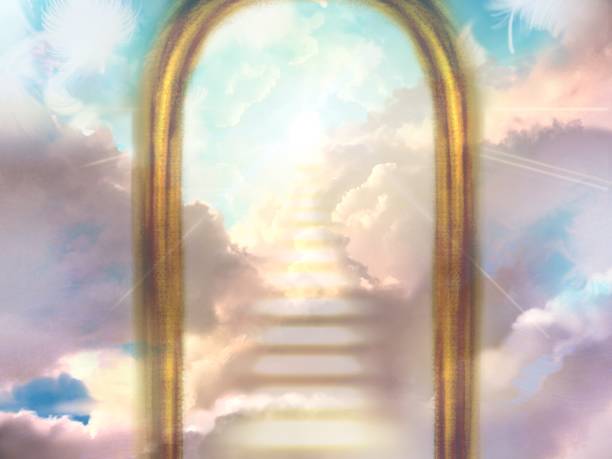 istock Illustration of divine light shining from the sky beyond the mysterious gate leading to heaven, shining through a gap in the sea of clouds. 1410807102