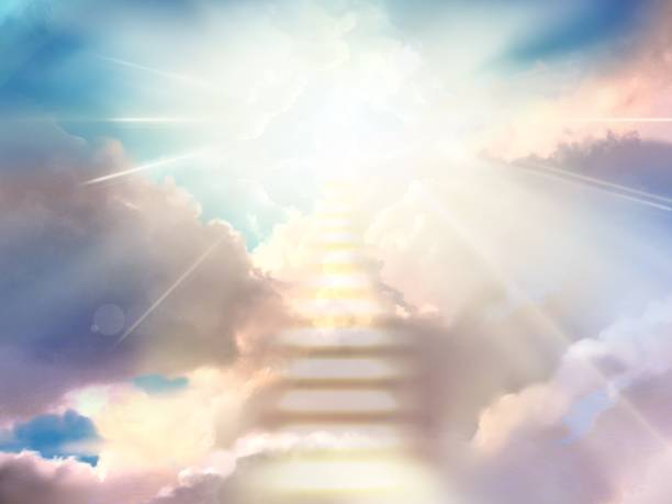 ilustraciones, imágenes clip art, dibujos animados e iconos de stock de ilustración de una misteriosa escalera de nubes que conduce a los cielos y la luz divina que brilla desde los cielos - escalera hacia el cielo