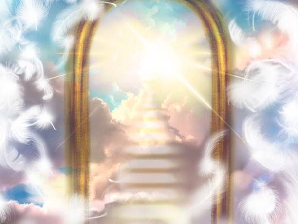 istock Mysterious illustration of a cloud staircase leading beyond a mysterious gate, divine light shining from the sky, and white angel wings dancing 1410807145