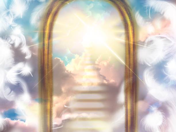istock Mysterious illustration of a cloud staircase leading beyond a mysterious gate, divine light shining from the sky, and white angel wings dancing 1410807156