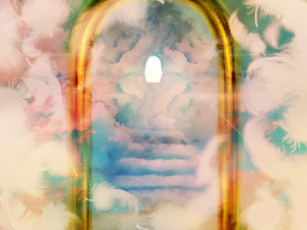 istock Mysterious illustration of a cloud staircase leading beyond a mysterious gate, divine light shining from the sky, and white angel wings dancing 1410807168