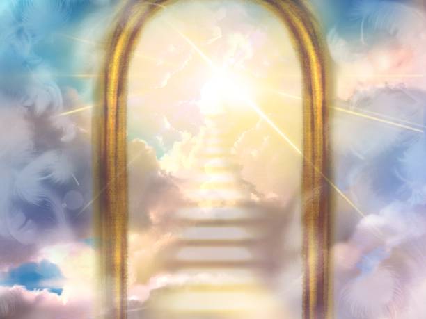 istock Mysterious illustration of a cloud staircase leading beyond a mysterious gate, divine light shining from the sky, and white angel wings dancing 1410807173