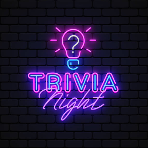 illustrazioni stock, clip art, cartoni animati e icone di tendenza di serata trivia in stile retrò su sfondo chiaro. illustrazione del logo vettoriale al neon - curiosità