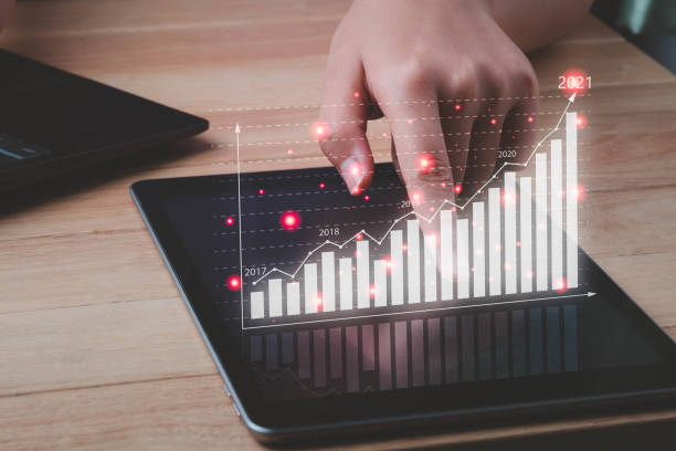 istock Business analytics and financial concept. Finger touch  on the tablet virtual screen chart graphics. Plans to increase business growth year 2021. 1410808679