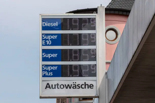 Close-up of a sign at a gas station showing high gasoline prices in Germany in July of 2022