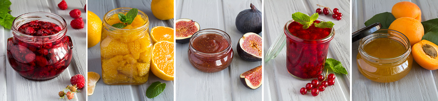 Collage of different jam in the glass jar on the gray wooden background. Close-up.