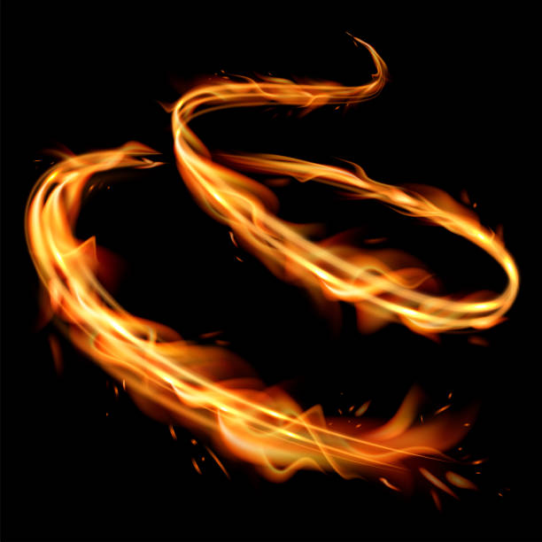 Golden spiral with fiery effect. Realistic flame tongues Golden spiral with fiery effect. Realistic flame tongues. Magic swirl lines fx stock illustrations