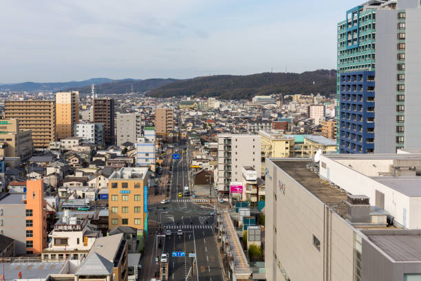Okayama, Japan - February 7, 2020 : General view of the Okayama Cityscape in Okayama Prefecture, Chugoku Region, Japan.
