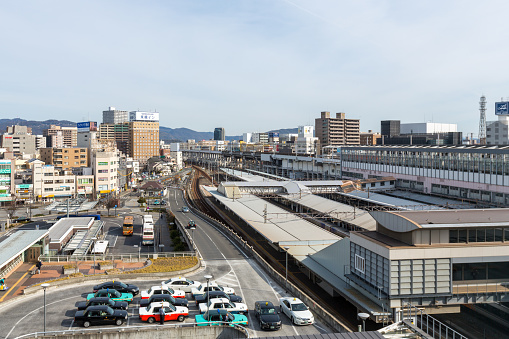 Okayama, Japan - February 7, 2020 : General view of the Okayama Cityscape in Okayama Prefecture, Chugoku Region, Japan.
