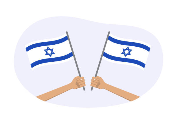 israel schwenkt flaggensymbol oder abzeichen. hand hält israelische flaggen. vektorillustration. - jewish state stock-grafiken, -clipart, -cartoons und -symbole