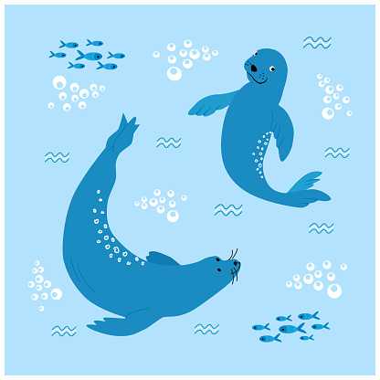Swimming Fur seal, sea bear, monk seal, exotic fish and sea star. Underwater habitat with sea plants. Marine underwater lifestyle. Flat vector drawn illustration, isolated objects.