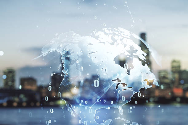 istock Double exposure of abstract programming language hologram and world map on blurry cityscape background, research and development concept 1410819990