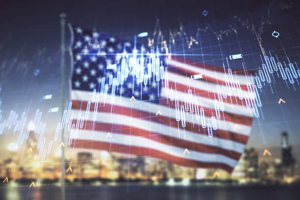 istock Multi exposure of virtual abstract financial graph hologram and world map on US flag and skyline background, financial and trading concept 1410820097