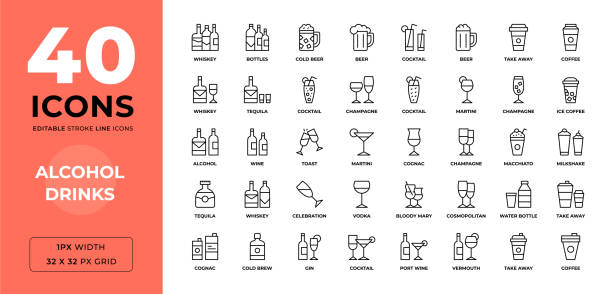 illustrations, cliparts, dessins animés et icônes de alcohol drinks icônes de ligne de contour modifiables - martini glass wineglass wine bottle glass