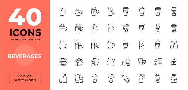 illustrazioni stock, clip art, cartoni animati e icone di tendenza di bevande icone delle linee di tratto modificabili - coffee cup cup disposable cup take out food
