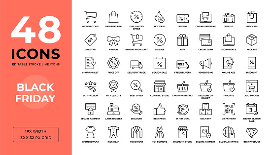 Black Friday Editable Stroke Line Icons. Pixel Perfect. For Mobile and Web. Contains 48 icons such as Shopping Bag, Big Sale, Hot Deal, Coupon, Delivery and so on
