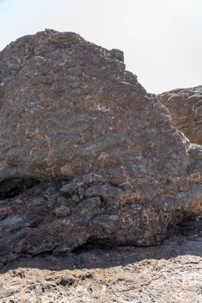 istock Low tide revealing pillow lava rockface with bright sky background 1410820874
