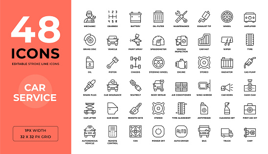 Car Service Editable Stroke Line Icons. Pixel Perfect. For Mobile and Web. Contains 48 icons such as Gearbox, Maintenance, Piston, Engine, Wheel, Car Repair and so on