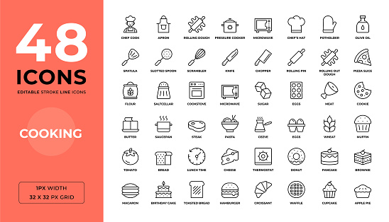Cooking Editable Stroke Line Icons. Pixel Perfect. For Mobile and Web. Contains 48 icons such as Cookstove, Cooker, Microwave, Dough, Rolling Pin and so on