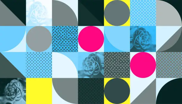 Vector illustration of abstract color fashion transition geometric pattern with flower halftone design background
