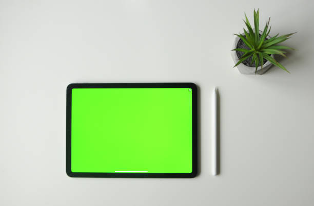 istock Green background mock-up on tablet device with stylus. Minimalism style top view 1410825581