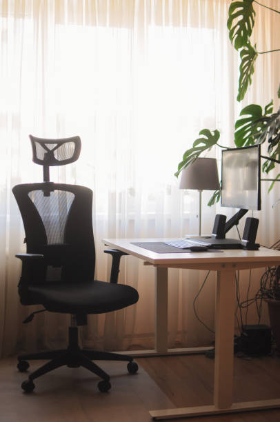 istock Orthopaedic chair for work at home. Minimalism home office interior with plants 1410825682
