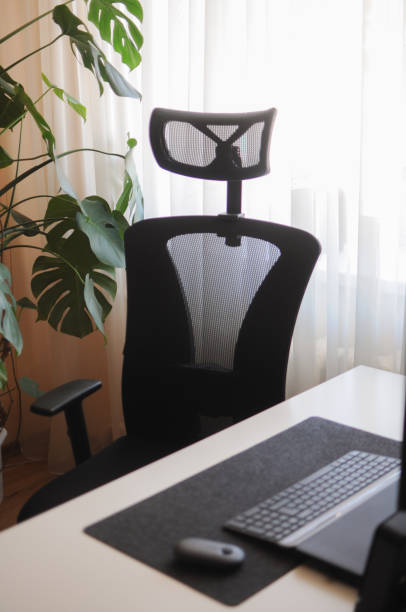 istock Orthopaedic chair for work at home. Minimalism home office interior with plants 1410825736