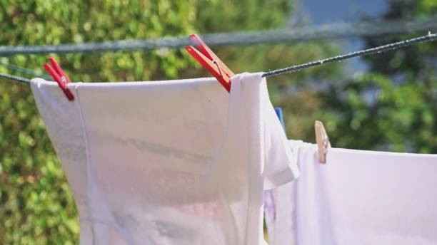 istock Wet Clothes and Towel Drying on Laundry Line in Backyard Garden 1410826827