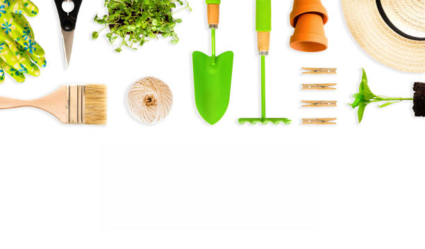 istock big garden banner with copy paste. Gardening tools on white background, isolated object 1410826866