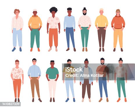 istock Men of different races, body types, hairstyles. Social diversity of people in modern society. Fashionable casual outfit. Hand drawn vector illustration 1410827339