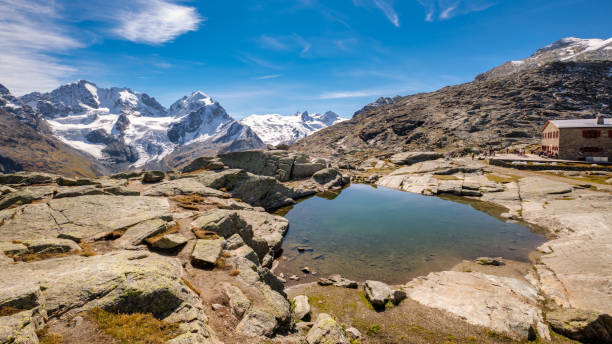stunning landscapes at the mountain pass of fuorcla surlej (switzerland) - corvatsch imagens e fotografias de stock