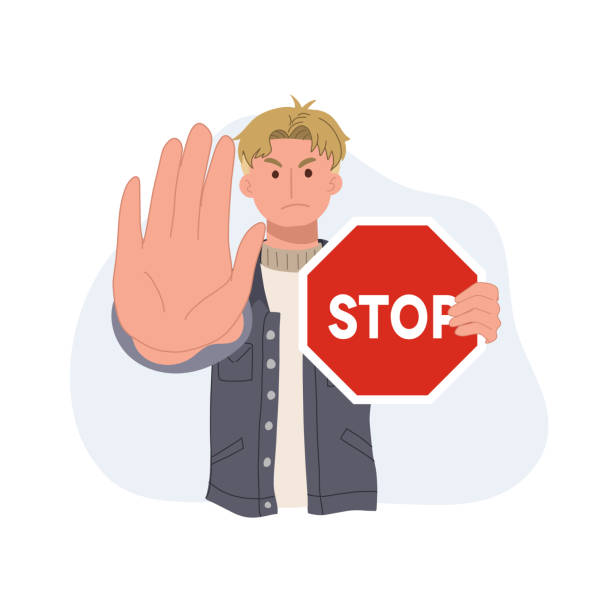istock A man holding red stop road sign. Protest and fight concept. flat vector illustration. 1410828604