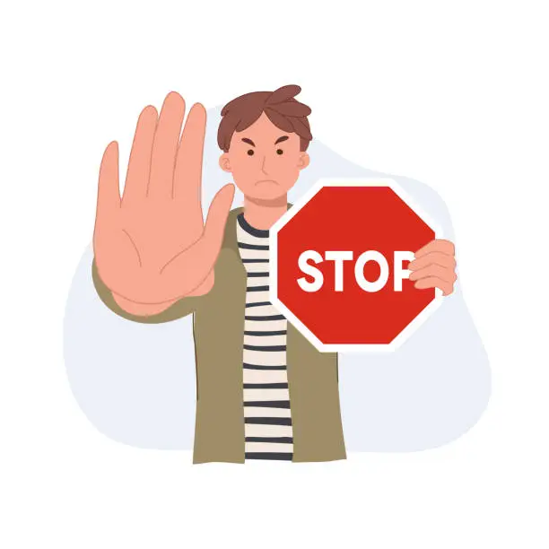 Vector illustration of A man holding red stop road sign. Protest and fight concept. flat vector illustration.