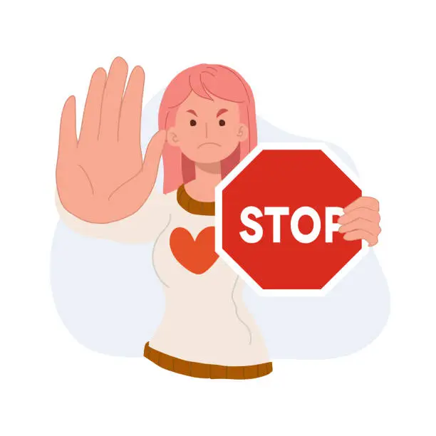 Vector illustration of A woman holding red stop road sign. Protest and fight concept. flat vector illustration.