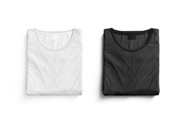 Blank black and white folded square t-shirt mockup, top view Blank black and white folded square t-shirt mockup, top view, 3d rendering. Empty cotton or textile crumpled tshirt mock up, isolated. Clear classic undershirt with sticker for woman or man template. fabric swatch isolated stock pictures, royalty-free photos & images