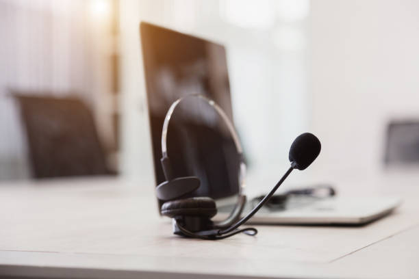 istock Communication support, call center and customer service help desk. VOIP headset for customer service support (call center) concept . 1410830705