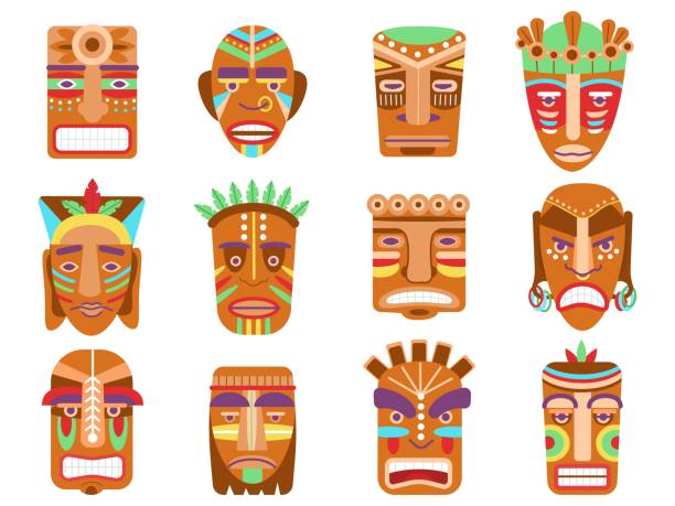 ilustrações de stock, clip art, desenhos animados e ícones de african tiki mask. ethnic masks, totem hawaii or maya tribes. wooden warrior gods faces, ornamental tribal aztec idols. scary decorations decent vector set - native american statue wood carving