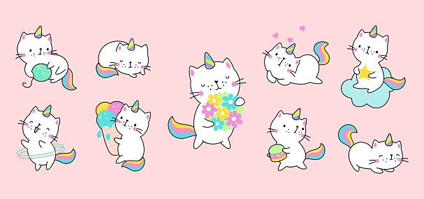 Cartoon kitty unicorn. Cats unicorns, animated cartoon funny characters. Cute love kawaii caticorns, fairy happy creatures nowaday vector set of cute kitty cartoon, animal illustration