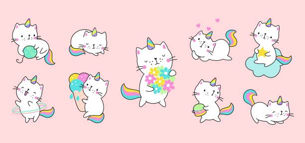 Cartoon kitty unicorn. Cats unicorns, animated cartoon funny characters. Cute love kawaii caticorns, fairy happy creatures nowaday vector set Cartoon kitty unicorn. Cats unicorns, animated cartoon funny characters. Cute love kawaii caticorns, fairy happy creatures nowaday vector set of cute kitty cartoon, animal illustration kawaii cat stock illustrations