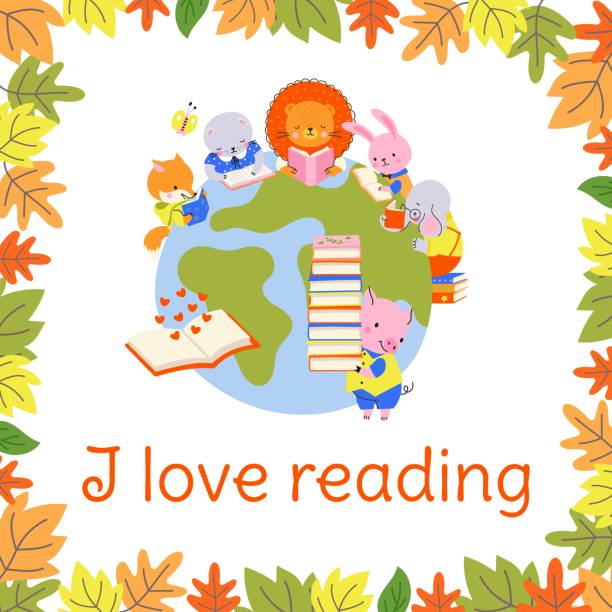istock Reading time background. Books day poster with earth and cute animals reading. Back to school, preschool wild little students, nowaday vector poster 1410830850
