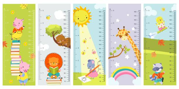 illustrazioni stock, clip art, cartoni animati e icone di tendenza di altezza grafico parete bambini metro righelli. collezione di adesivi per cartoni animati per baby room. misure di altezze per bambini con giraffa, arcobaleno. kindergarten al giorno d'oggi decorazione vettoriale - centimetro