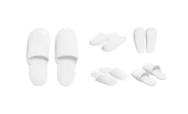 Blank white home slippers mockup, different views, 3d rendering. Empty house or hotel comfortable slipshoe mock up, isolated. Clear flip-flops or clog foot wear for bath template.