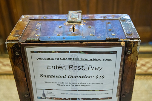 The collection box in the Grace Church at Broadway in the center of Manhattan