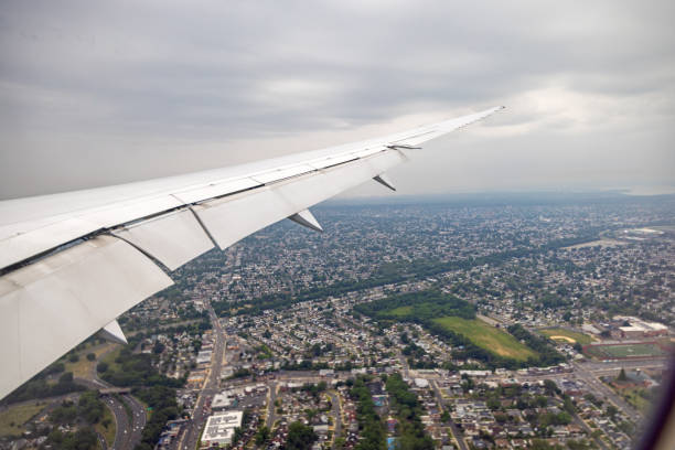 Wing of a Boeing 787 during landing in JFK airport outside New York city